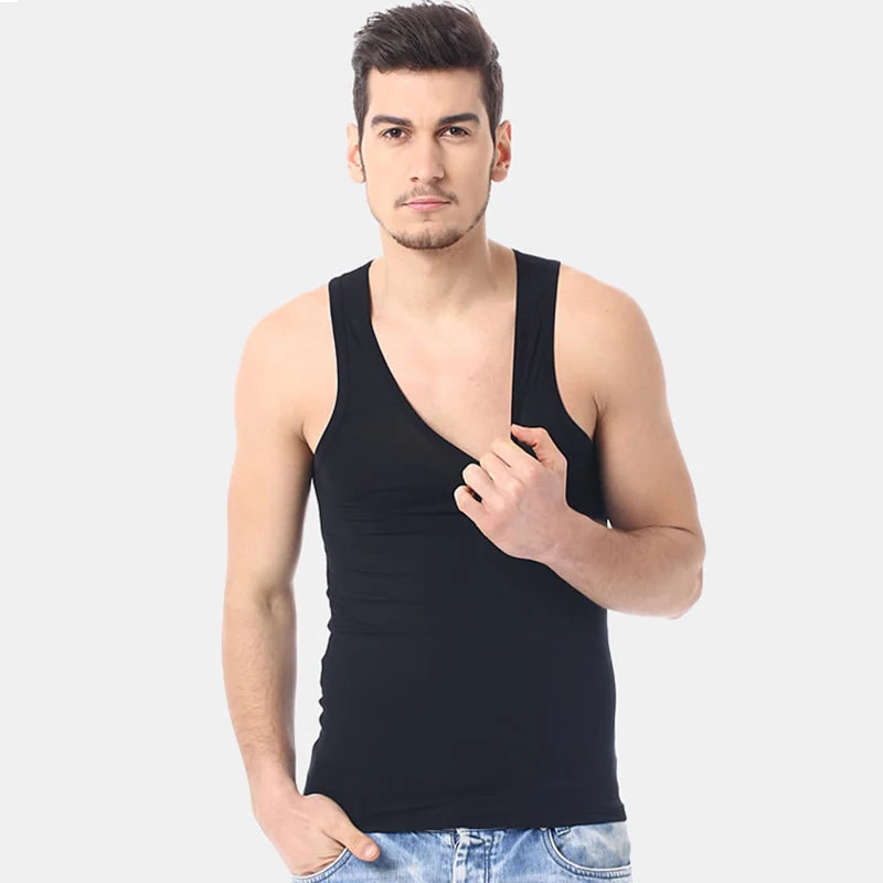 Men's solid color basic cotton narrow shoulder vest fashion casual men's T-shirt sports fitness Joker round neck youth vest